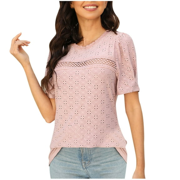 Hot days, bold styles. Olyvenn Womens Eyelet T-Shirt Solid Color Short Sleeve Crew Neck Hollowing Out Design Sexy Elegant Ladies T Shirt Hot Pink S