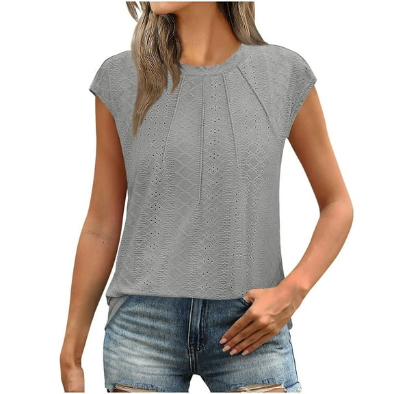 Hot days, bold styles Olyvenn Womens Eyelet Tops Short Sleeve Shirts Blouses for Women Dressy Casual Cap Sleeve Tops with Curved Hem Gray S