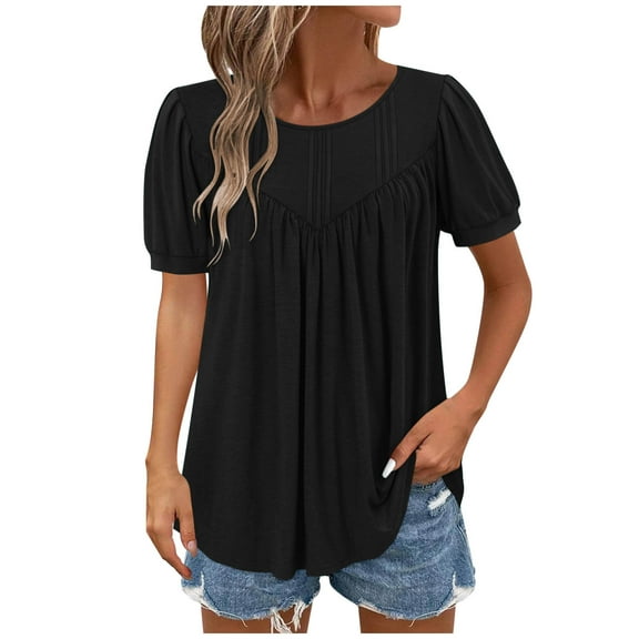 Hot days, bold styles Olyvenn Womens Shirts Dressy Casual Summer Tops Puff Sleeve Work Blouses Pleated Front Trendy Tshirts Loose Fit Tunic Tops Black XL