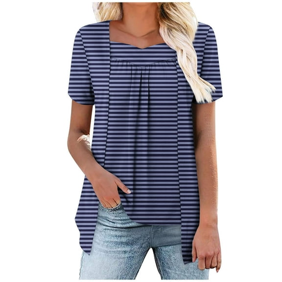 Hot days, bold styles Olyvenn Womens Striped Tops Summer Hide Belly Tunics Short Sleeve Casual Pleated Crew Neck Shirts Flowy Blouses for Leggings Navy S