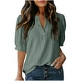 thumbnail image 1 of Hot days, bold styles. Olyvenn Womens Summer Business Casual Blouses Eyelet V Neck Puff Short Sleeve Shirts Hollow Out Cute Lace Tops Green M, 1 of 6