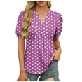 thumbnail image 1 of Hot days, bold styles Olyvenn Womens Summer Plus Size Tunic Tops Polka Dot Print Short Sleeve Blouses V Neck Casual Floral Henley Shirts Purple L, 1 of 6