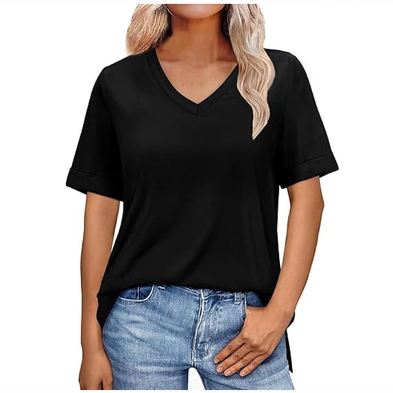 Hot days, bold styles. Olyvenn Womens Summer Tops Short Sleeve Shirts Trendy V Neck T Shirts for Women Casual Tops Loose Tees Tops 2025 Trending Now Black S
