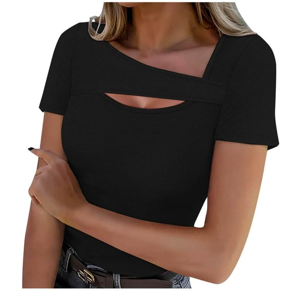 Hot days, bold styles Olyvenn Womens Summer Tops Short Sleeve Shirts for Women Sexy Tops Y2K Shirts One Piece Cutout Tops Cute Trendy Tees Tops Black S
