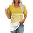 thumbnail image 1 of Hot days, bold styles. Olyvenn Womens T Shirts Short Sleeve Pleated Dressy Casual Scooped Neck Summer Button Tops Color Block Striped Blouses Yellow XXL, 1 of 7