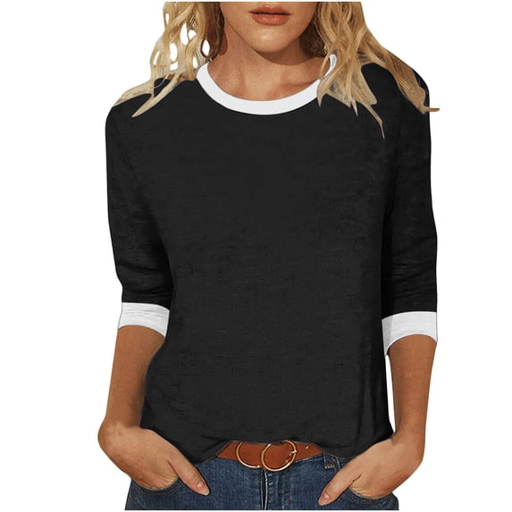 Hot days, bold styles Olyvenn Womens Tops 3/4 Sleeve Shirts Crew Neck Loose Casual Tshirts Trendy 2025 Tunic Tops Color Block Summer Tees Black XXL