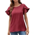 thumbnail image 1 of Hot days, bold styles Olyvenn Womens Tops Casual Crew Neck Shirts Ruffle Short Sleeve Relaxed Textured Soft Cute Blouses for Women Summer Blouses Wine M, 1 of 5
