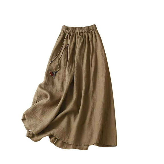 Hot days, bold styles SMihono Cotton Linen Skirts for Women Vintage Solid Color Elastic Waist A-Line Casual Flowy Swing Long Maxi Skirt Khaki 8
