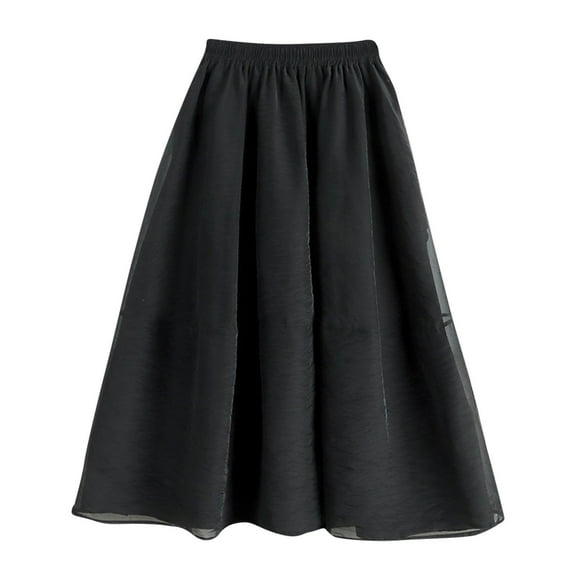 Hot days, bold styles SMihono Elegant Tulle Skirt, Women's Spring & Summer High Waist A-Line, Mid-Length Slim Mesh Party Flowy Elegant Pleated Solid Double Layer Flare Skirt Black 4-8