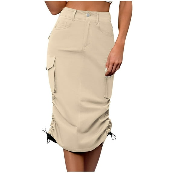 Hot days, bold styles SMihono Women's High Waisted Drawstring Cargo Long Skirt Knee Length Side Split Denim Skirts with Cargo Pockets Beige 4
