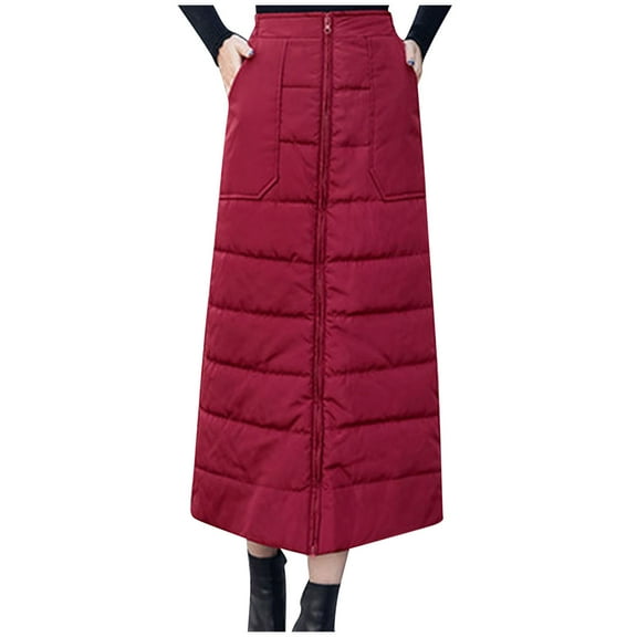 Hot days, bold styles SMihono Women's Long Quilted Puffer Skirt, Insulated Full Zipper Outdoor Warm Winter Snow Skirts with Pockets Red S(L)