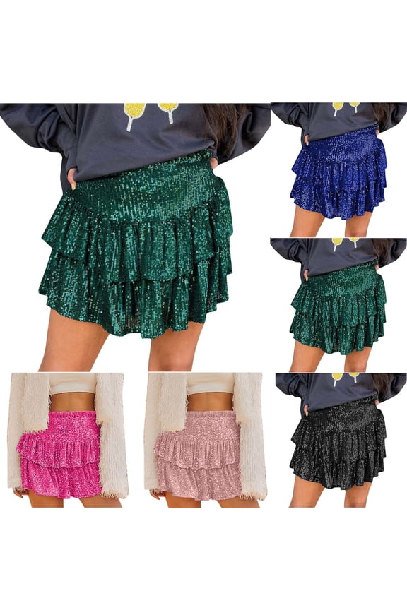 Hot days, bold styles SMihono Women's Mini Skirts with Shorts Cute High Waist Sequin Ruffle Flowy Glitter Short Skirts Night Out Club Party Black XXXL