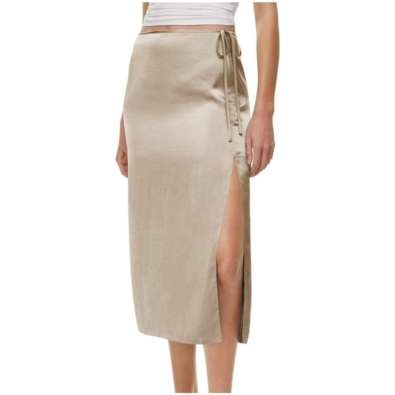 Hot days, bold styles SMihono Womens Shift Skirt Casual Elegant Side Split Drawstring High Waisted Wrap Midi Skirt Office Business Work Skirt Beige 6