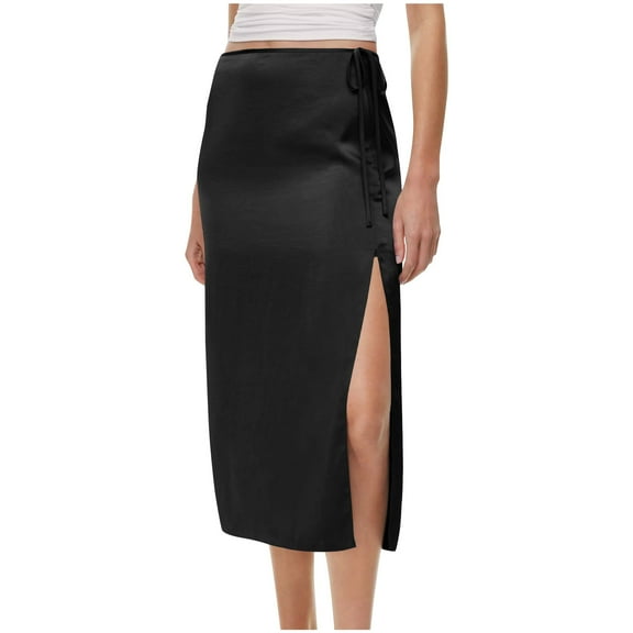 Hot days, bold styles SMihono Womens Shift Skirt Casual Elegant Side Split Drawstring High Waisted Wrap Midi Skirt Office Business Work Skirt Black 4