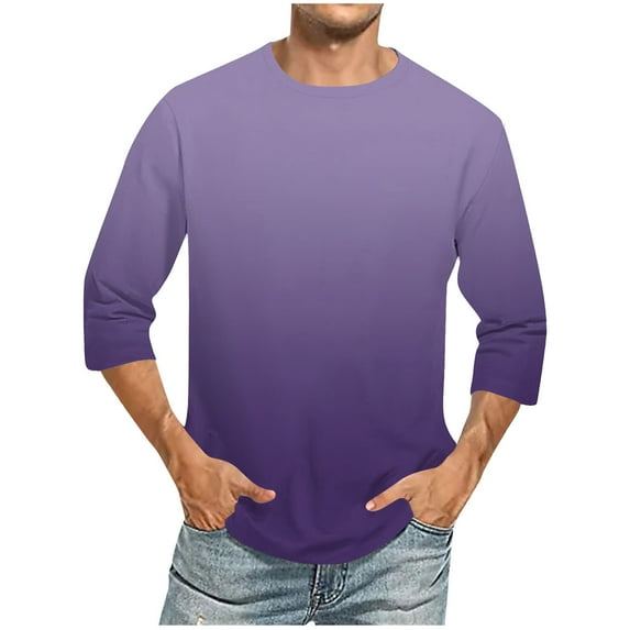 Hot days, bold styles SSAAVKUY Men Shirt, Casual 3/4 Sleeve Shirt Casual Three Quarter Sleeve T Shirts Comfortable Crewneck Gradient Fit Tees Purple XXXXL