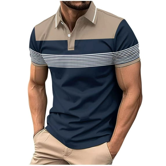 Hot days, bold styles SSAAVKUY Mens Fashion Color Block Polo Shirts Casual Short Sleeve T Shirt Striped Moisture Wicking Golf Shirts Tops Khaki XL