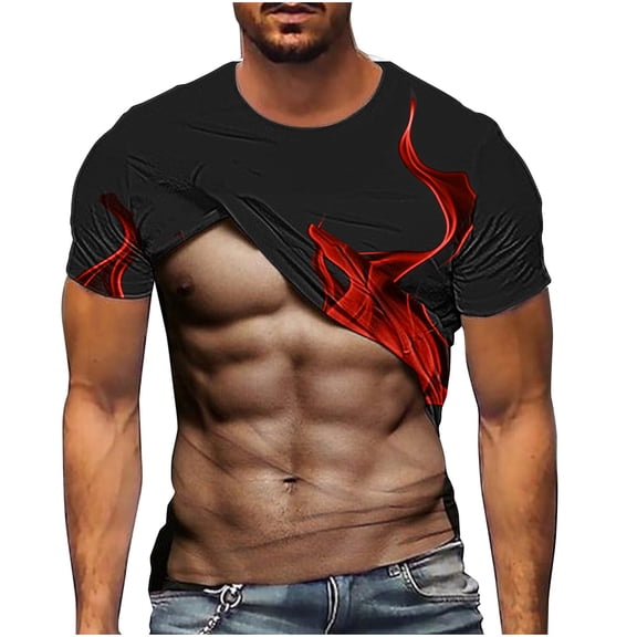 Hot days, bold styles SSAAVKUY Muscle Tee Shirts for Mens Fake Abs T Shirt Funny 3D Flame Graphic Shirts Casual Summer Short Sleeve Tops Crewneck Tshirt Brown 10