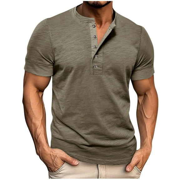 Hot days, bold styles SSAAVKUY Slim Fit Muscle Henley Shirts for Men Short Sleeve Gym Workout Athletic Tee Shirts Casual Crewneck Button Up T-Shirt Army Green XL