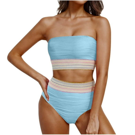 Hot days, bold styles UTSJKR High Waisted Bandeau Bikini Set - Women Strapless Two Piece Swimsuits Ribbed Longline Full Coverage Bathing Suits Swimwear Light Blue L