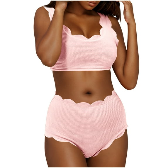 Hot days, bold styles UTSJKR Scalloped Trim Two Piece Swimsuits for Women High Waisted Bikini Sets Tummy Control Cheeky Bathing Suits Swimwear Pink XL