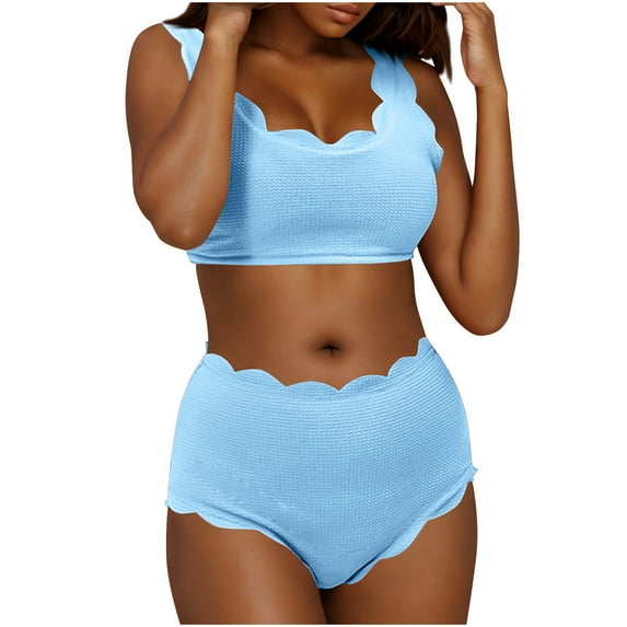 Hot days, bold styles UTSJKR Scalloped Trim Two Piece Swimsuits for Women High Waisted Bikini Sets Tummy Control Cheeky Bathing Suits Swimwear Blue S