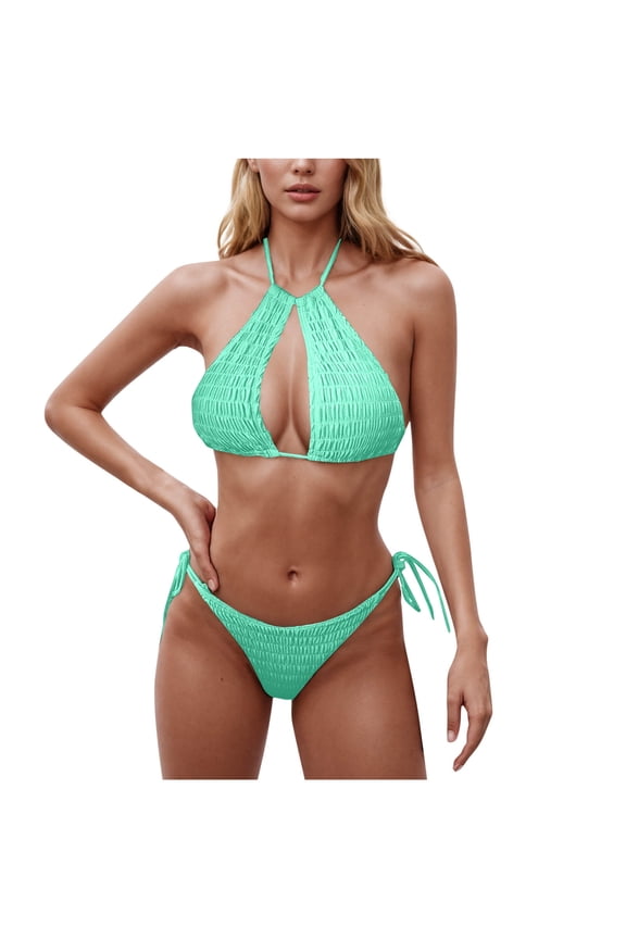 Hot days, bold styles UTSJKR Women Sexy Bikini 2 Piece Summer Beach Solid Color Hollow Out Neck Tie Sexy Bikini Set Halter Top Tie Side Thong Bikini Swimsuits Mint Green S