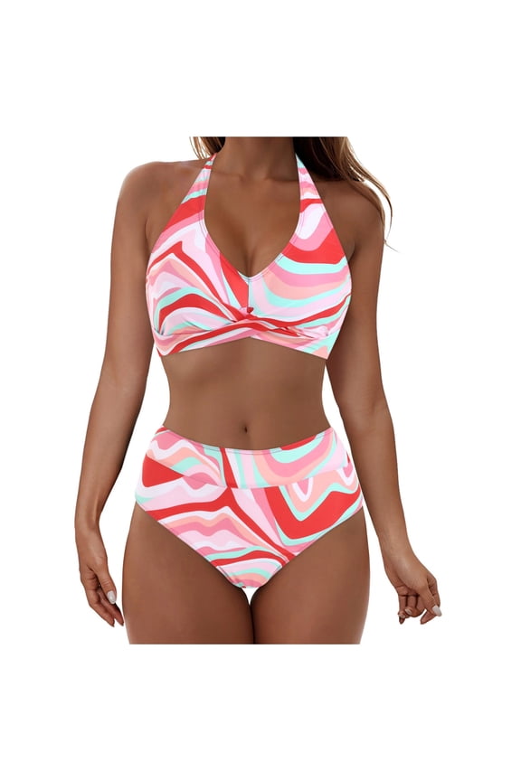 Hot days, bold styles UTSJKR Women's High Waisted Bikini Sets Tummy Control Swimsuits 2025 Two Piece Bathing Suits Color Block Halter Swim Suits Blue S