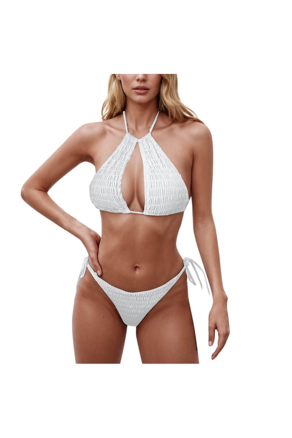 Hot days, bold styles UTSJKR Women's Triangle Bikini Solid Tie Side Bandeau Halter String Bikini Set Two Piece Swimsuit Bathing Suits White M