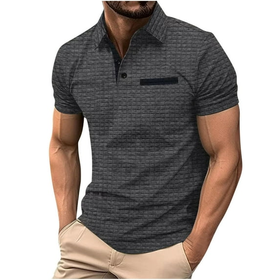 Hot days, bold styles YLSDY Men's Button Collared Shirts 2025 Short Sleeve Casual Button Collared T Shirt Color Block Slim Fit Golf Shirts with Pocket Dark Gray XL