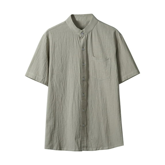 Hot days, bold styles YLSDY Mens Cotton Linen Shirts Button Down High Neck Short Sleeve Summer Loose Casual Daily Plus Size Blouse Tops Army Green XXL