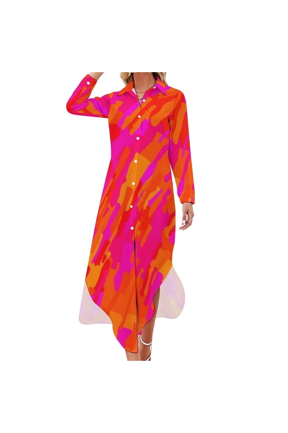 Hot fuchsia orange Long Sleeved Shirt Dress luxury evening dresses sexy short dresses daring
