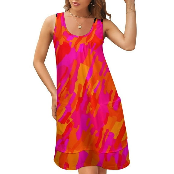 Hot fuchsia orange Sleeveless U-Neck Fake Two Piece Dress sexy short dresses daring luxury woman party dress
