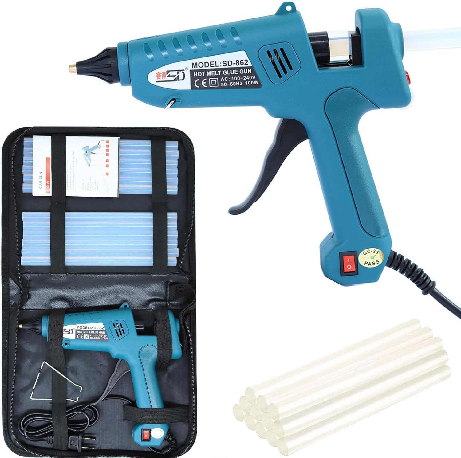Hot glue gun and sticks set 100W, Professional Craft hot Glue kit Full Size Anti Scalding Design Heavy Duty with 12 Pcs Sticks Carrying Case for School DIY Arts