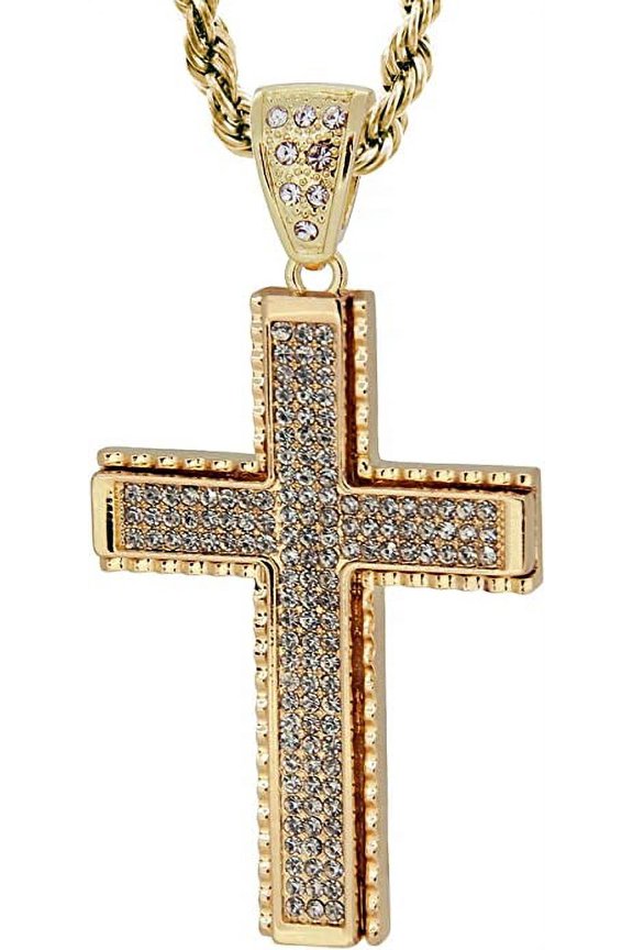 Hot new Gold Tone Block Cross Men's Pendant with Free 30" Rope Chain