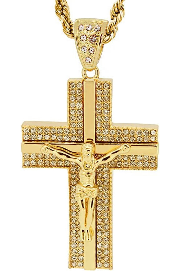 Hot new Gold Tone The Crucifix Block Cross Men's Pendant with 30" Rope Chain