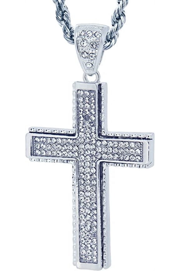 Hot new Silver Tone Block Cross Men's Pendant with 30" Rope Chain
