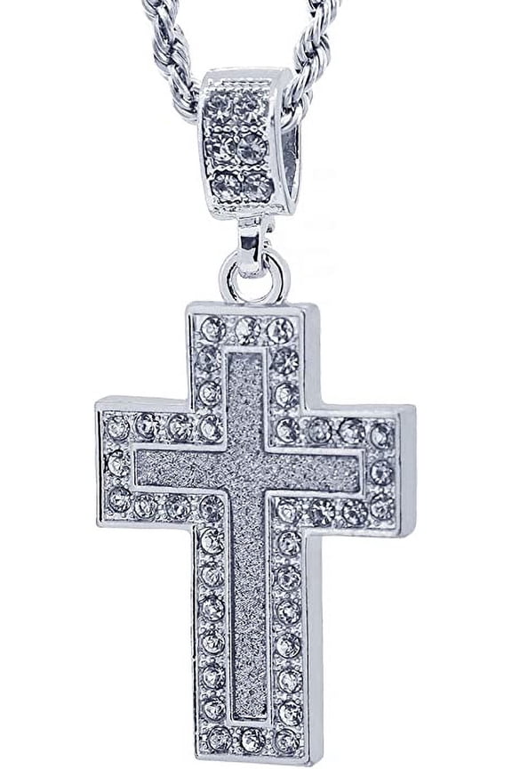 Hot new Silver Tone The Block Inlay Cross Men's Pendant 24" Rope Chain #2010