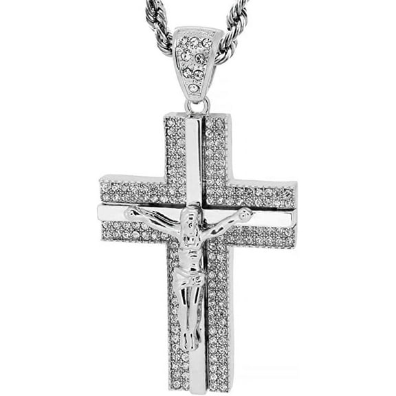 Hot new Silver Tone The Crucifix Block Cross Men's Pendant with 30" Rope Chain
