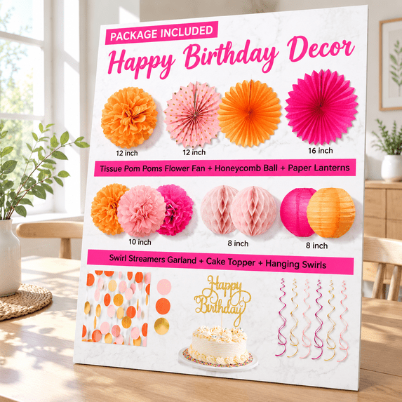 Hot-pink Orange Birthday Party Decoration Kit with Balloons Banner ...