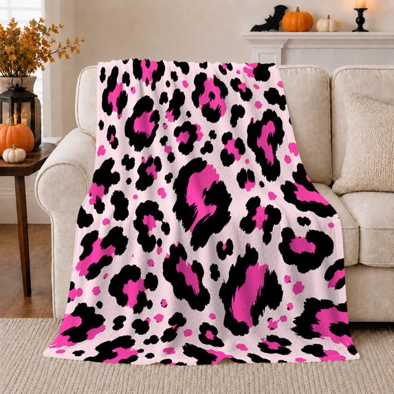 Hot pink black leopard spots blush Flannel Blanket for bedroom dorm room living room vanity corner Home Decor bold playful animal print fashion accent art Gift for teens