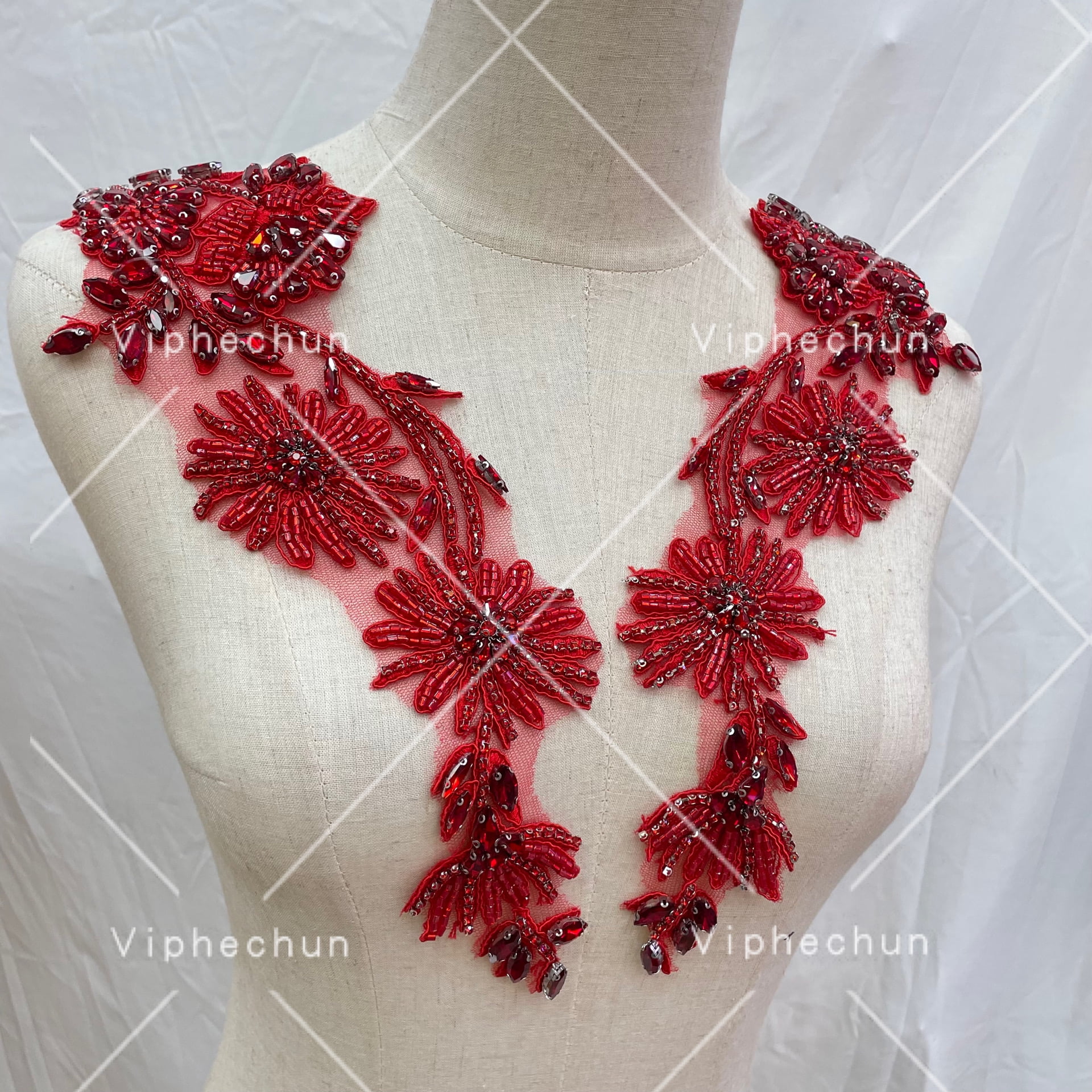 Hot sale customized red handmade rhinestone applique