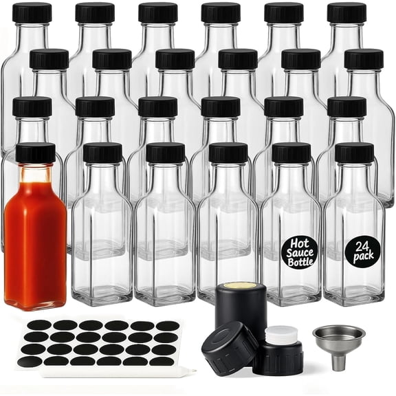 Hot sauce bottles 24 5 oz glass bottles with lid-square hot sauce container for homemade chili oil, vinegar, barbecue-empty liquid storage and gifts, transparent (leak-proof)