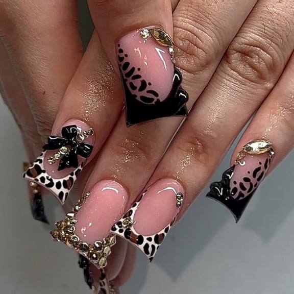 Hot-selling Duckbill Flared Press-On Nails, Y2K Style with Shining Rhinestones, Sparkling Removable False Nail Tips for Women