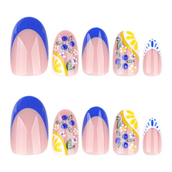 Hot-selling French blue press-on nails, fresh fruit lemon nail art, short round false nail tips