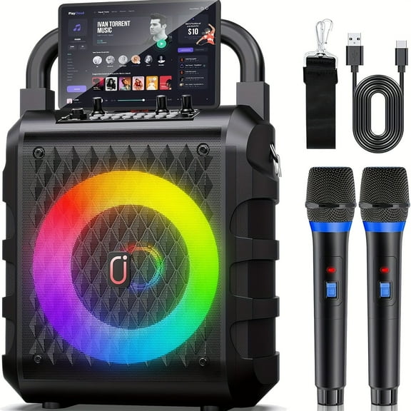 Hot-selling Model In 2025, with 2 Wireless Microphones, RGB Atmosphere Lighting, BT Speaker, Support USB/TF/AUX, Portable, Portable Speaker, Home, Outdoor, Holiday Gift, Shining Brand.