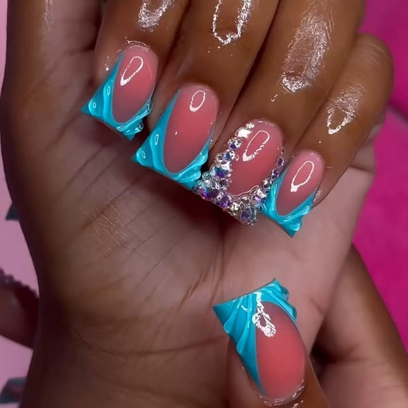 Hot-selling duck-bill fake nail 3D water ripple burst flash diamond design removable fake nail finished product