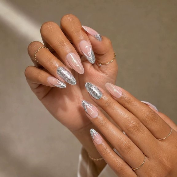 Hot-selling flash crystal almond false nail sheet, light strip flash sheet, light therapy wearing nail product 24 nail pieces