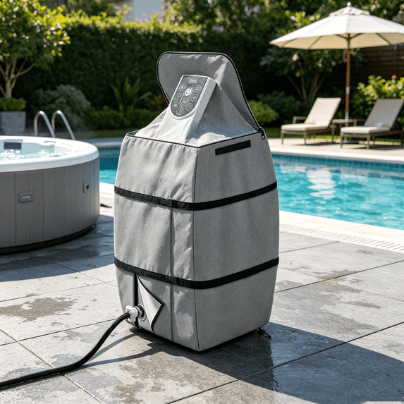 Hot tub spa heater pump cover, insulated pump protector, 600D polyester canvas, zipper design, all weather protection for inflatable hot tubs