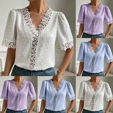 Hot6sl Plus Size Tops for Women, Women's Short Sleeve V Neck Ribbed Knit Lace T Shirts Henley Solid Cold Summer Tops Summer Savings Clearance Blouses
