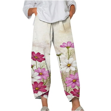 Hot6sl Summer Wide Leg Elastic Waist Pants, Women's Casual Summer Pants Floral Beach Pants High Waist Boho Pants with Pockets #4
